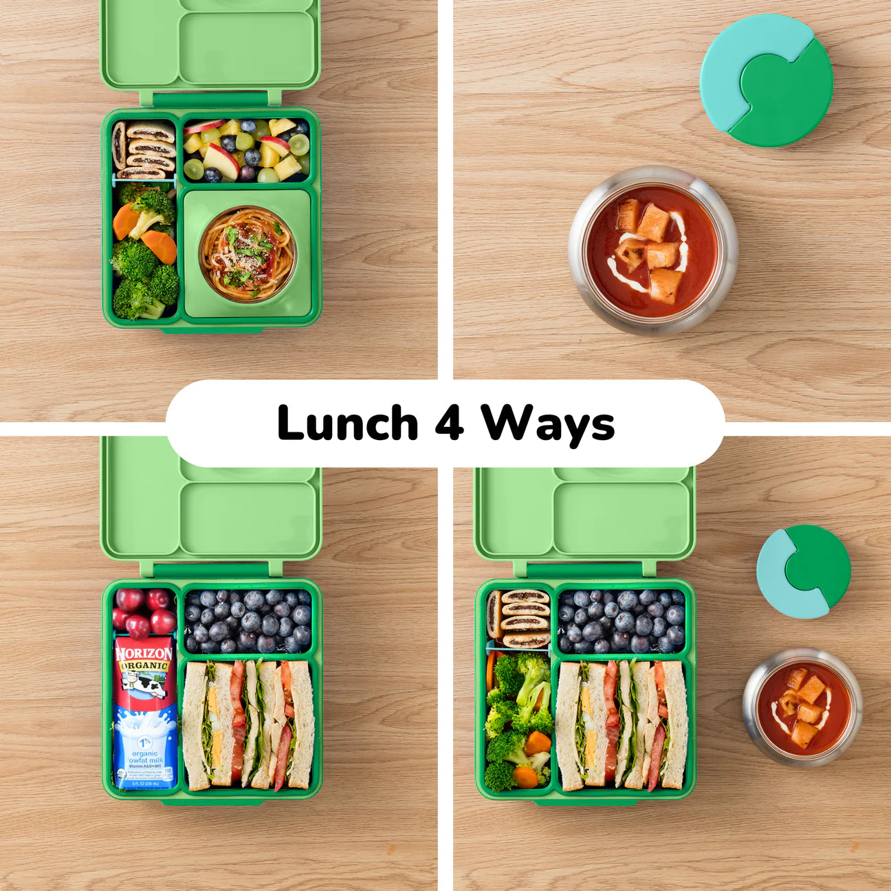 Light green OmieBox lunch box with various food arrangements for kids, displaying healthy lunches in multiple compartments.