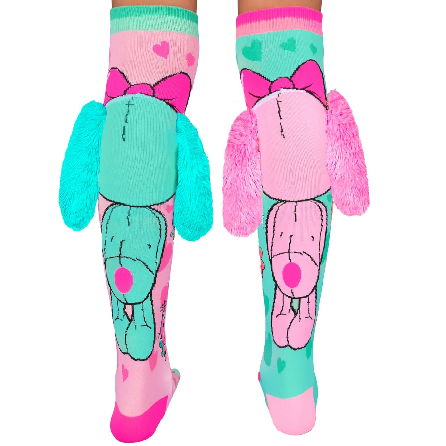 Madmia kids bunny socks with fluffy ears in pink and turquoise, size 2-6, perfect for playful sock days.