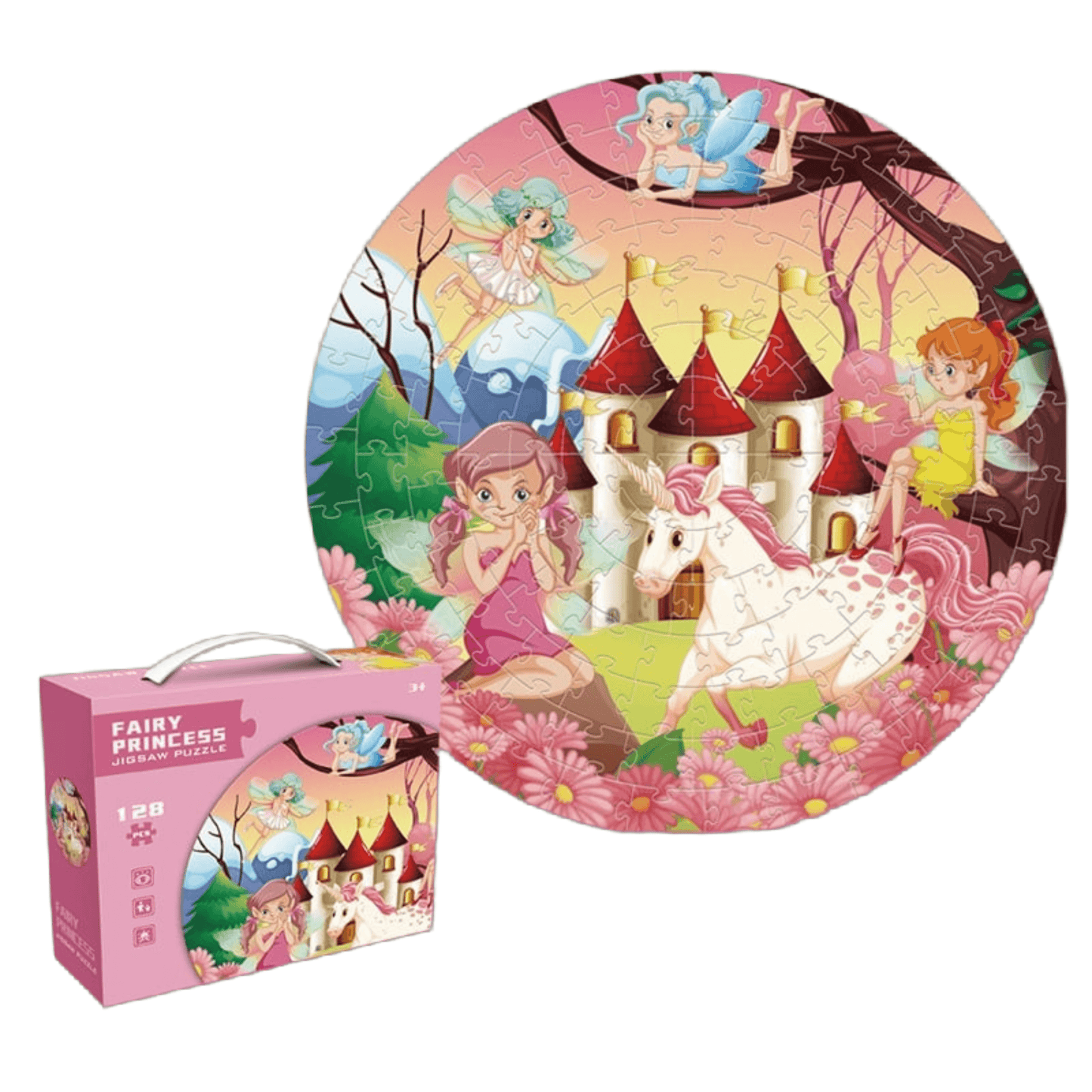 Round puzzle featuring fairies, unicorn, and a castle, designed for kids aged 4-8, with 128 pieces and eco-friendly packaging.