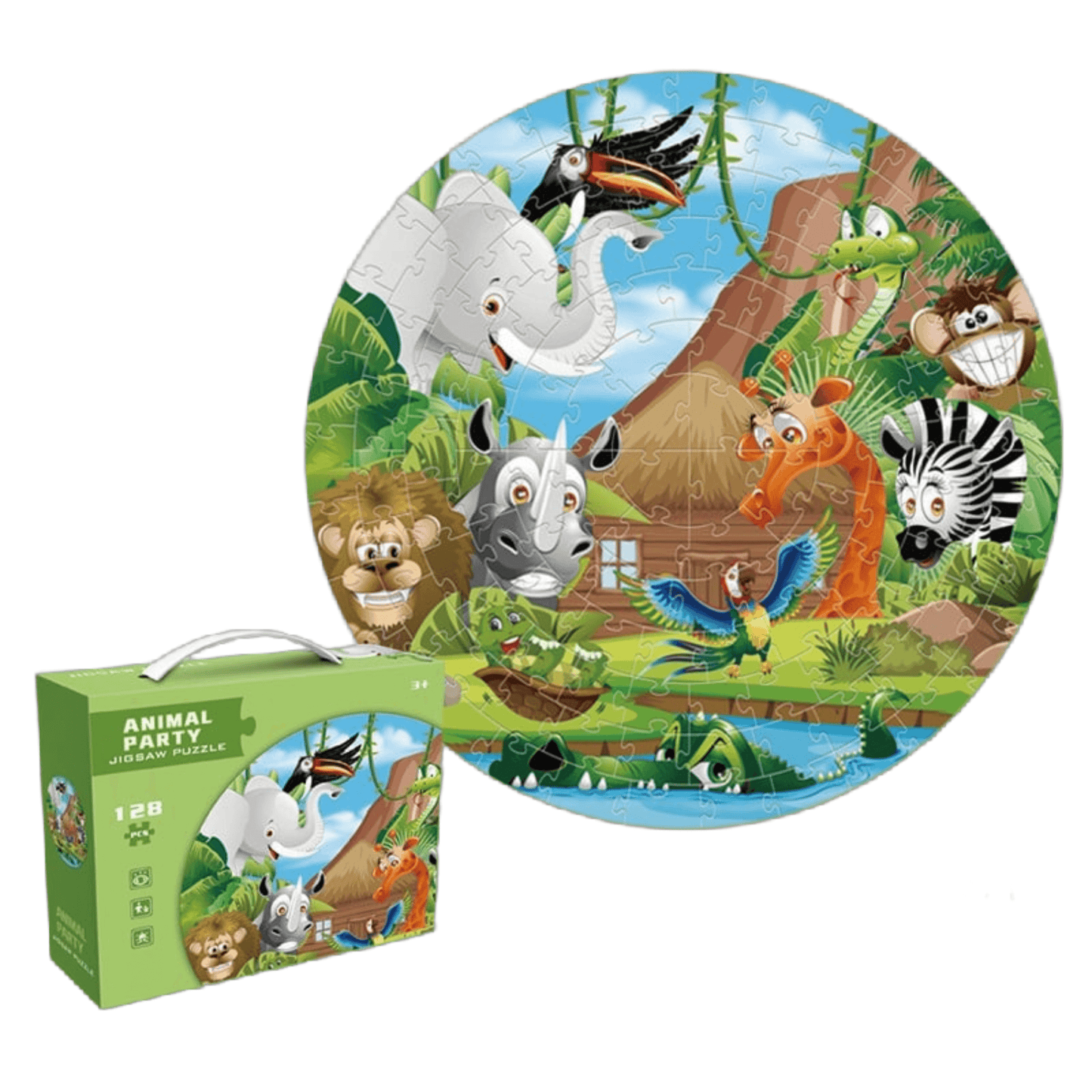 Round African animals puzzle with 128 pieces, featuring colorful wildlife characters and unique packaging.