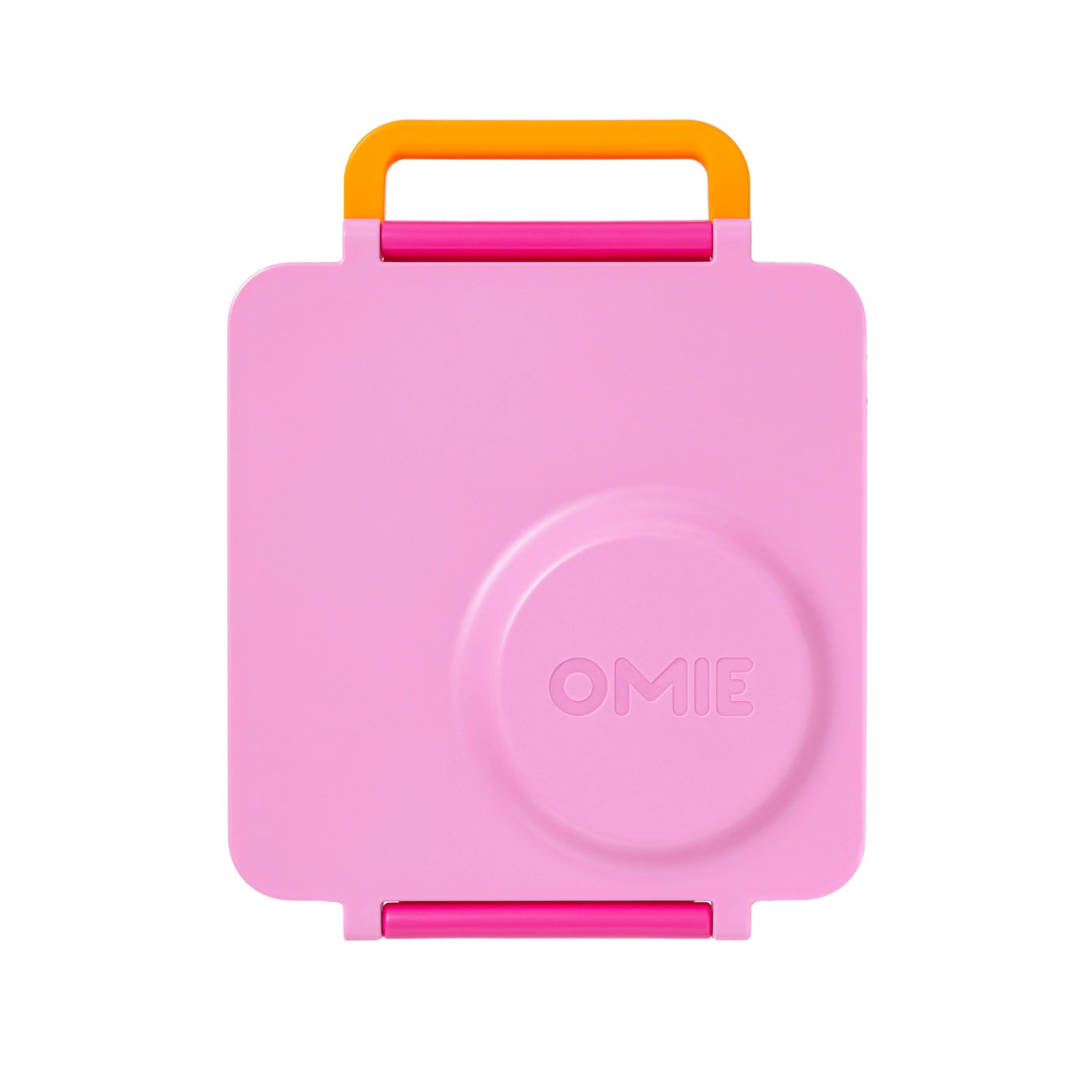 Pastel pink OmieBox lunch box for kids with bright orange handle, designed for fresh and warm food.