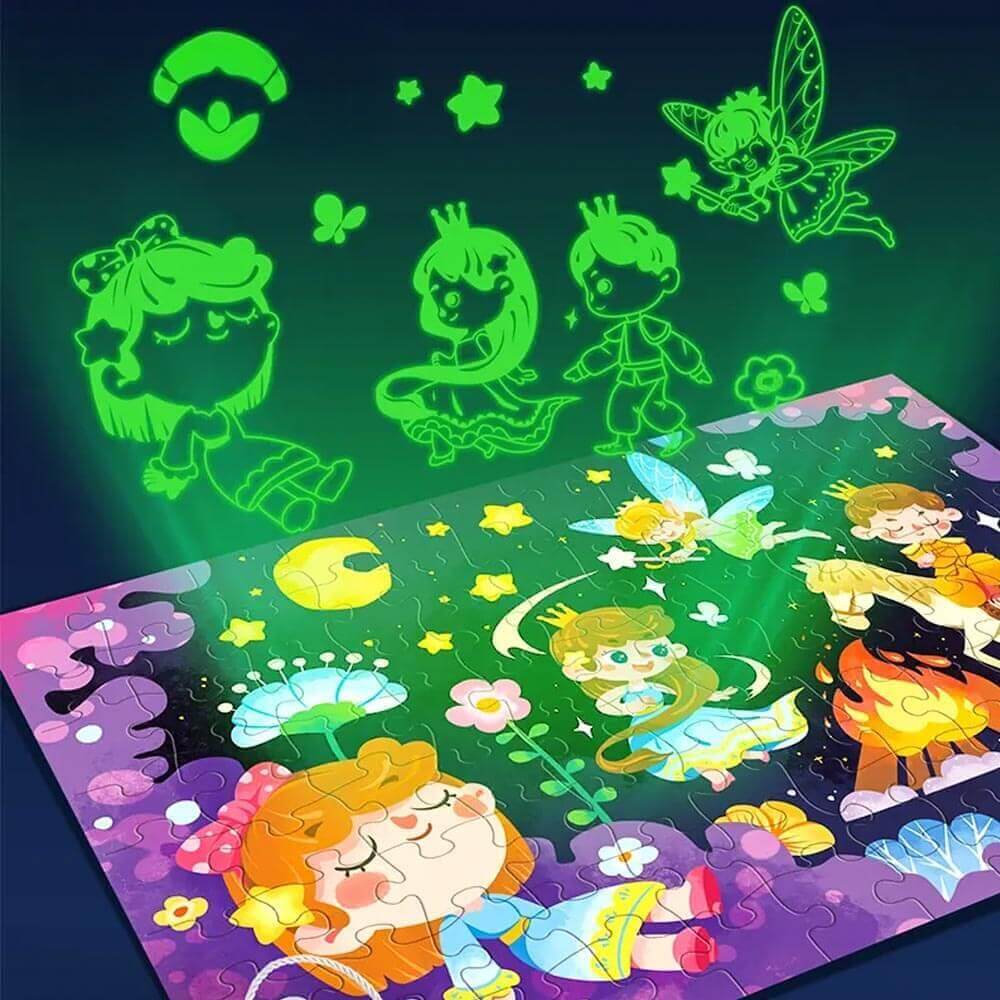 Glow-in-the-Dark Fairy World puzzle with animated characters and vibrant colors for ages 4-8, encouraging creativity.