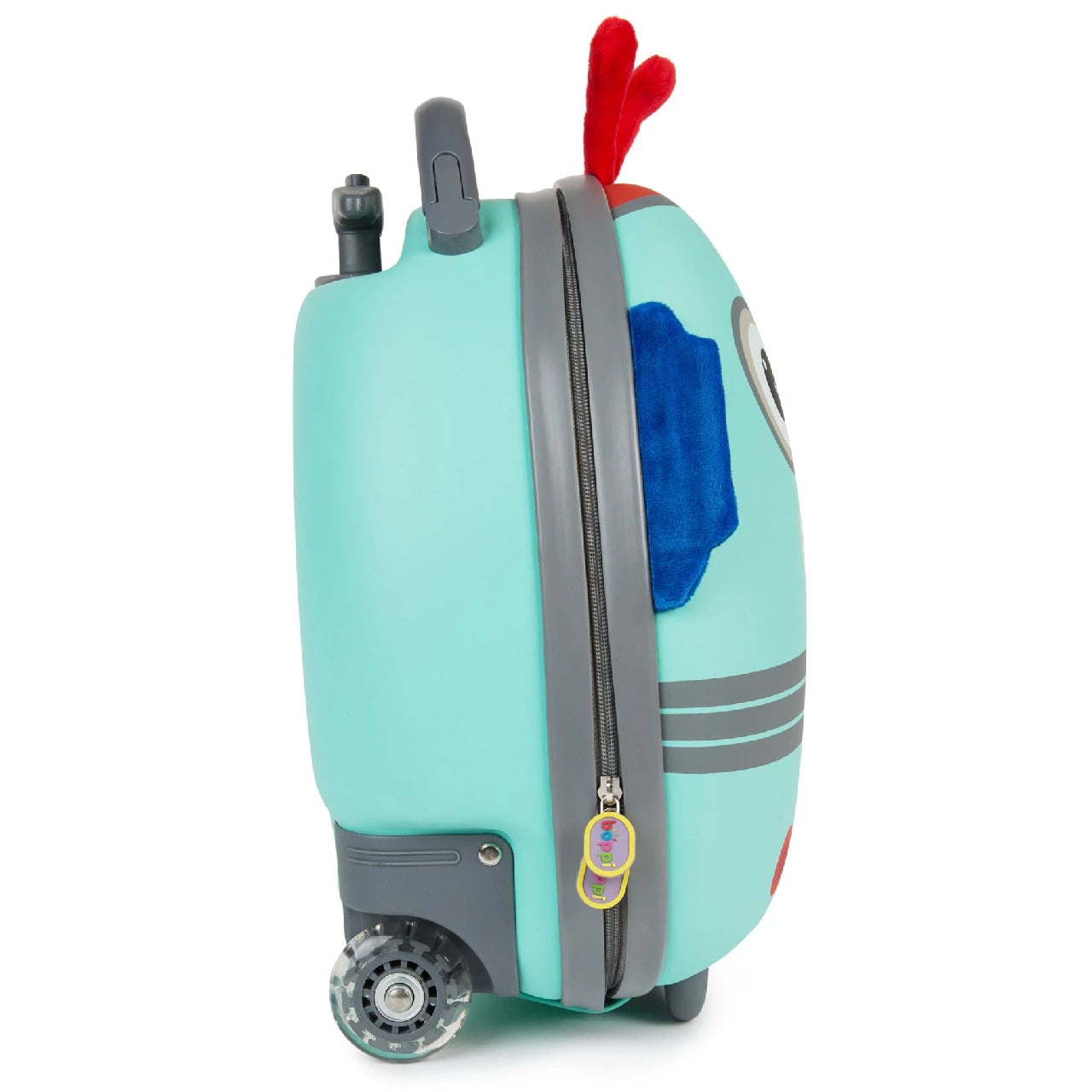 Šoninis vaikiško lagamino „Robotas“ vaizdas su patvariais ratukais, užtrauktuku ir minkštais aksesuarais.