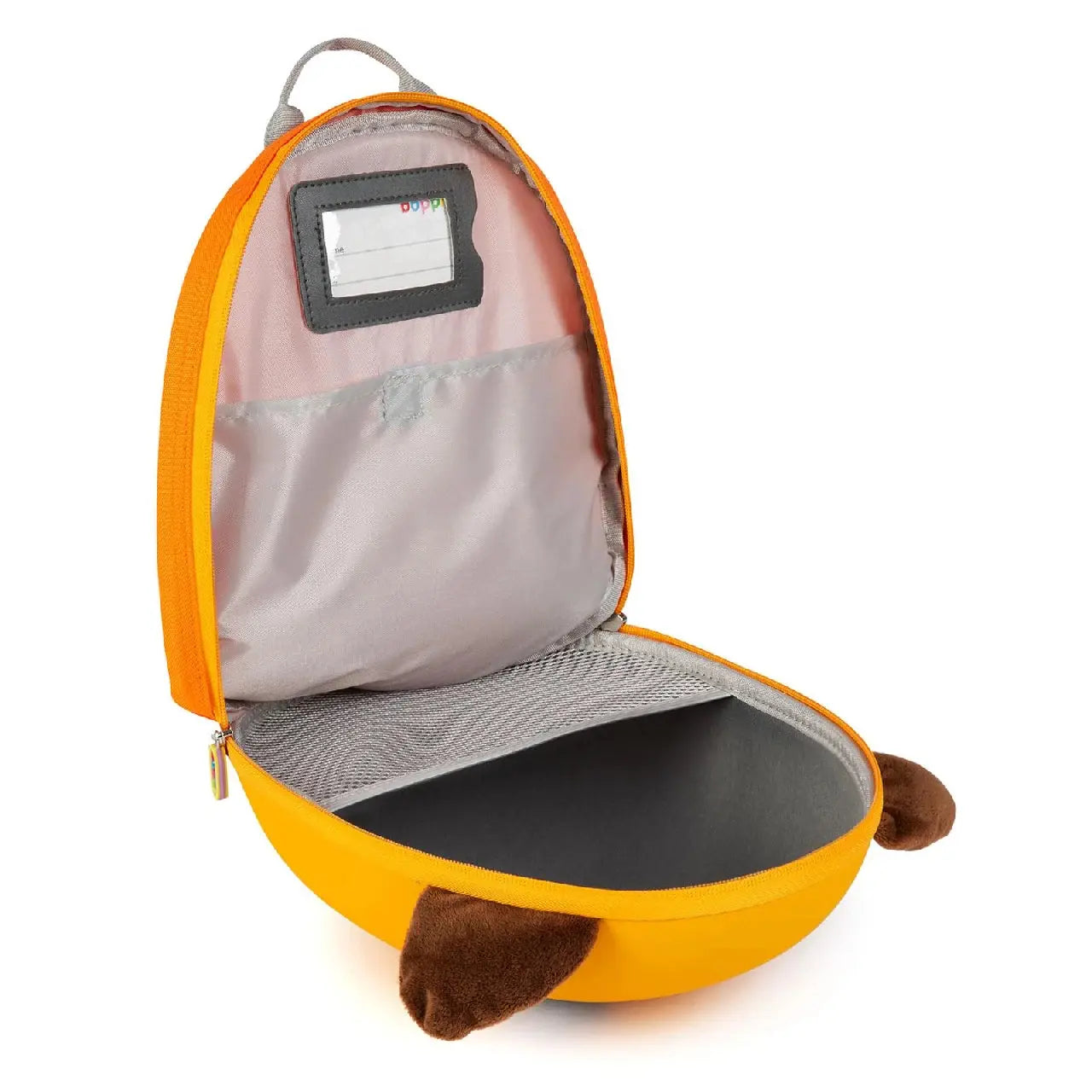 Open yellow Boppi Tiny Trekker dog backpack with plush ears, featuring ample storage for kids' adventures.