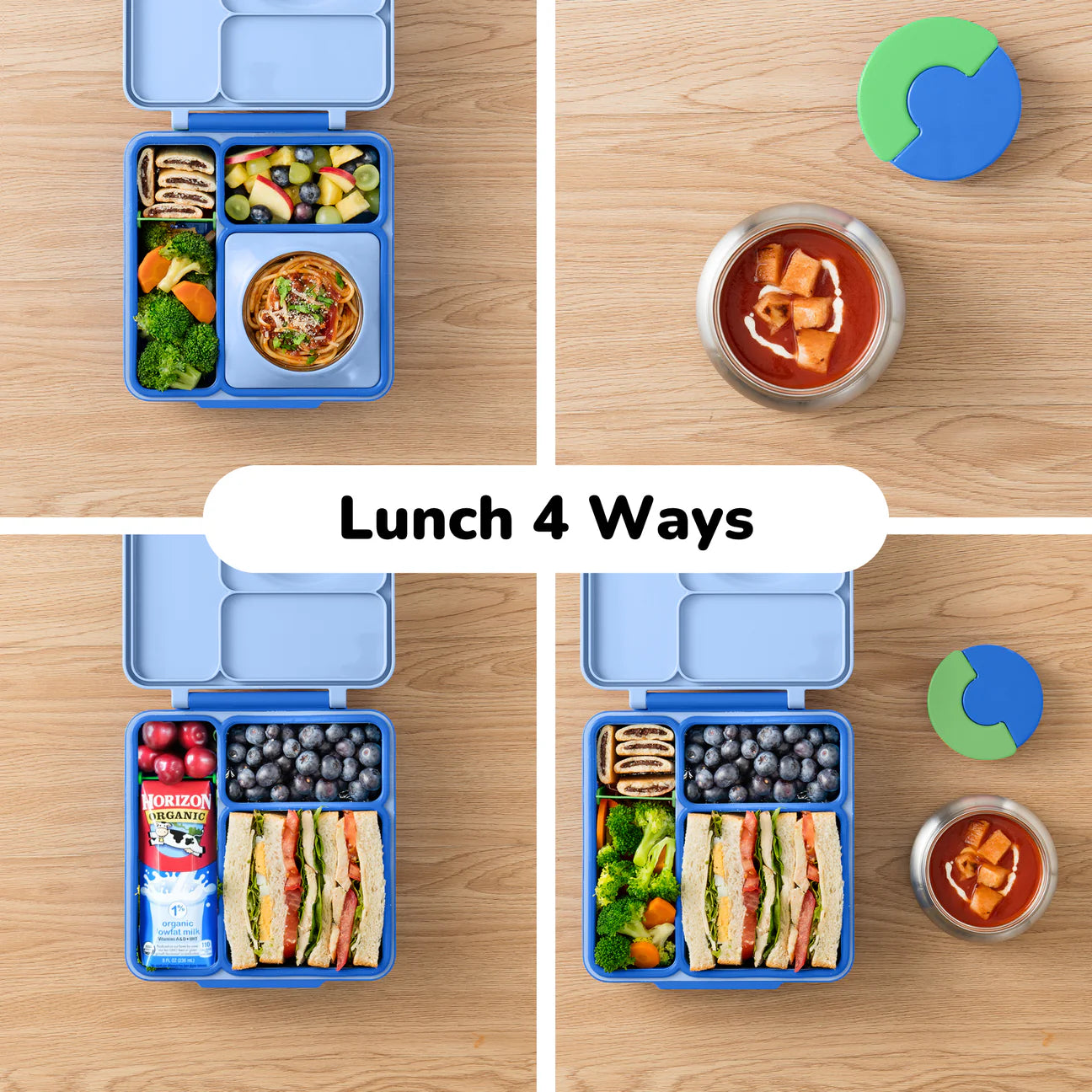 Pastel blue OmieBox lunch box divided into four sections with food, showcasing versatile lunch options for kids.