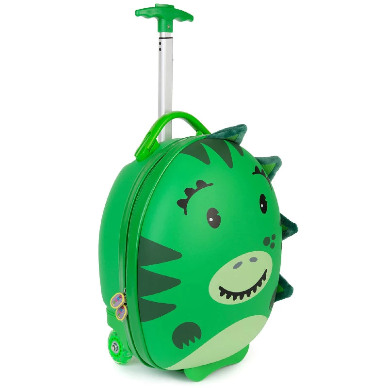 Green dinosaur kids suitcase with retractable handle and wheels, perfect for little adventurers.