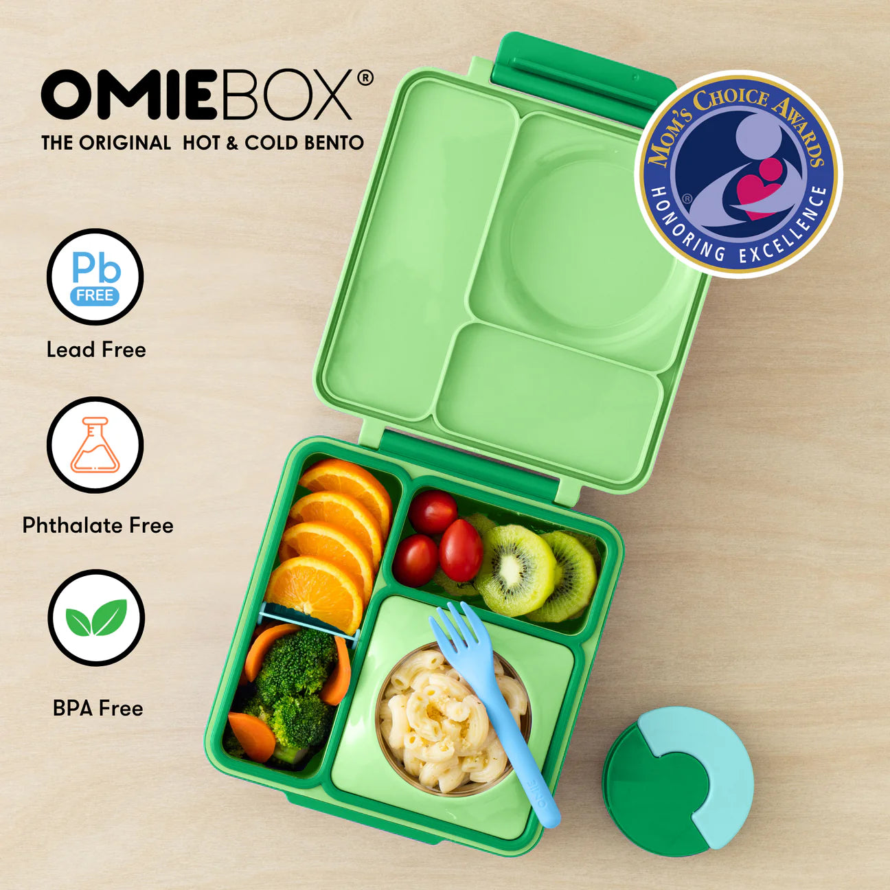 Light green OmieBox lunch box for kids with thermos, featuring compartments for organized meals.
