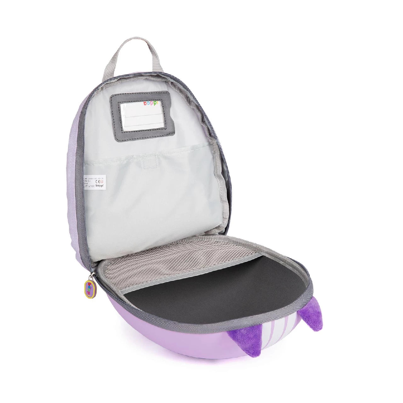 Boppi Tiny Trekker cat backpack in lilac color, showing open interior with storage compartments for kids.