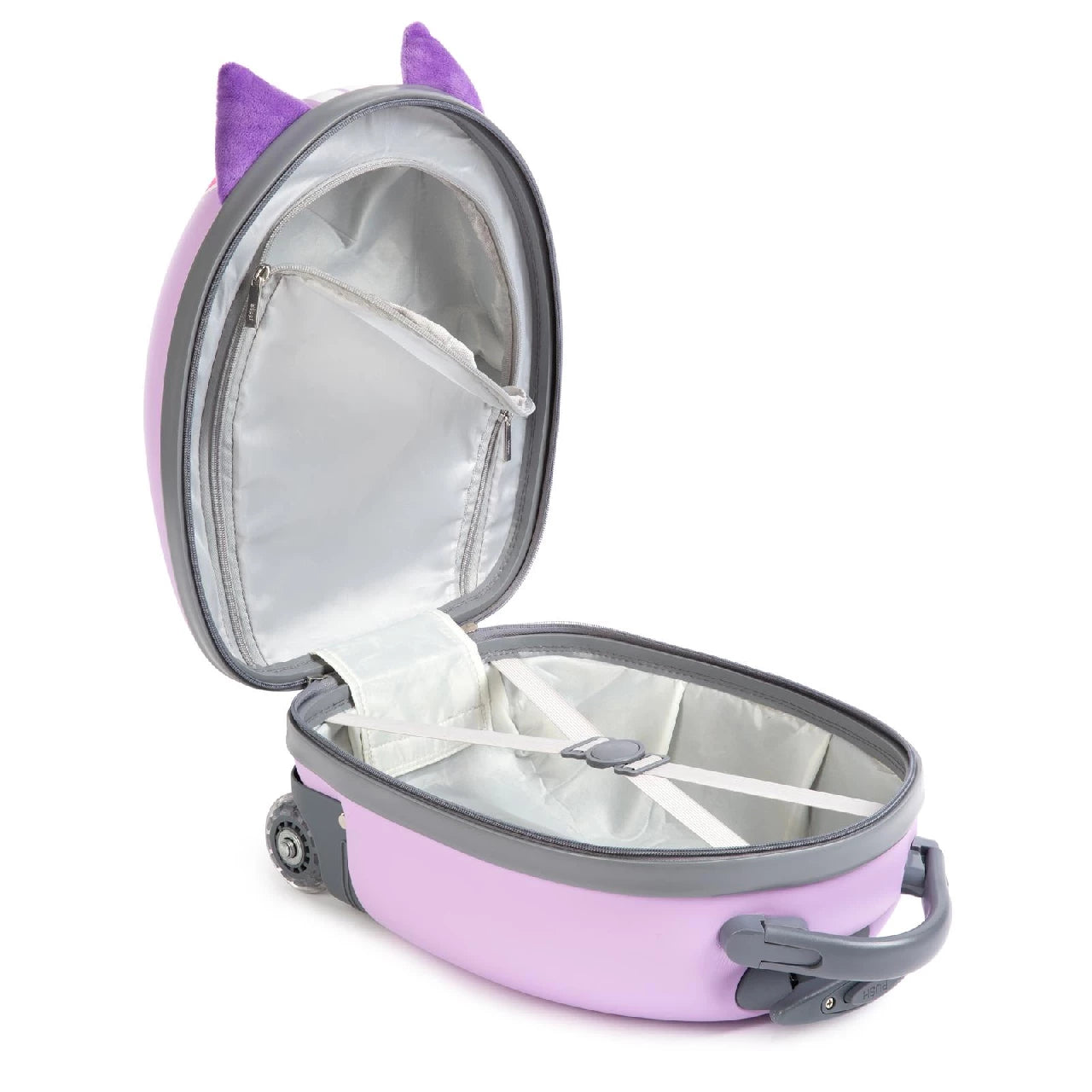 Kids suitcase backpack with 3D cat details, featuring a retractable handle and spacious interior for travel.