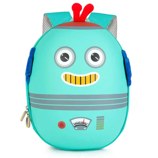 Kids robot-themed backpack with 3D details, adjustable straps, and colorful design for little adventurers.