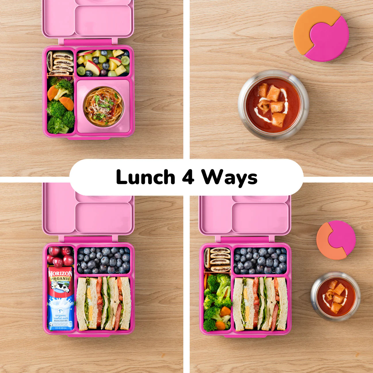 Pastel pink OmieBox lunch box with food compartments shown in four different lunch arrangements.