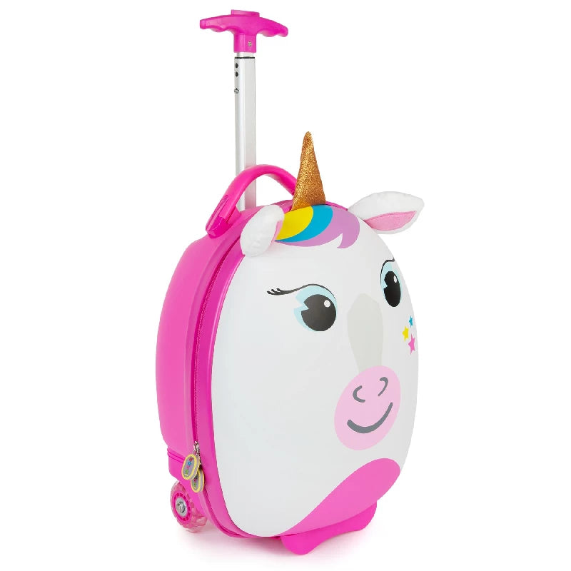 Colorful unicorn kids suitcase with 3D details, retractable handle, and smooth-rolling wheels.