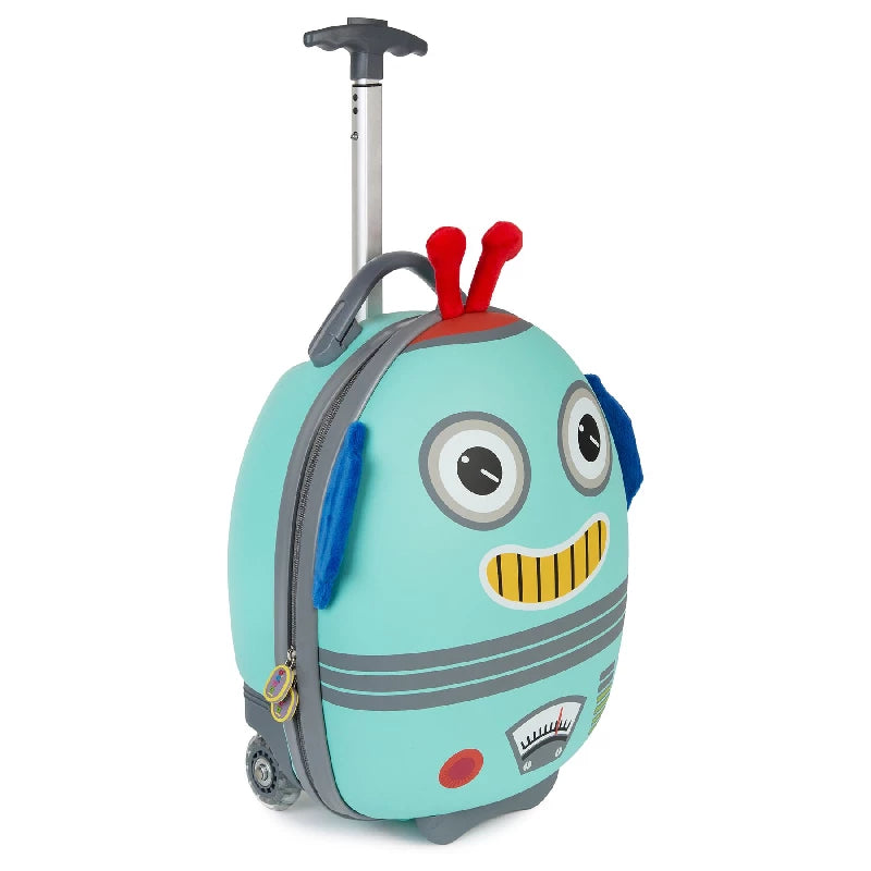 Kids robot suitcase with 3D details, retractable handle and smooth-rolling wheels, ideal for little adventurers.