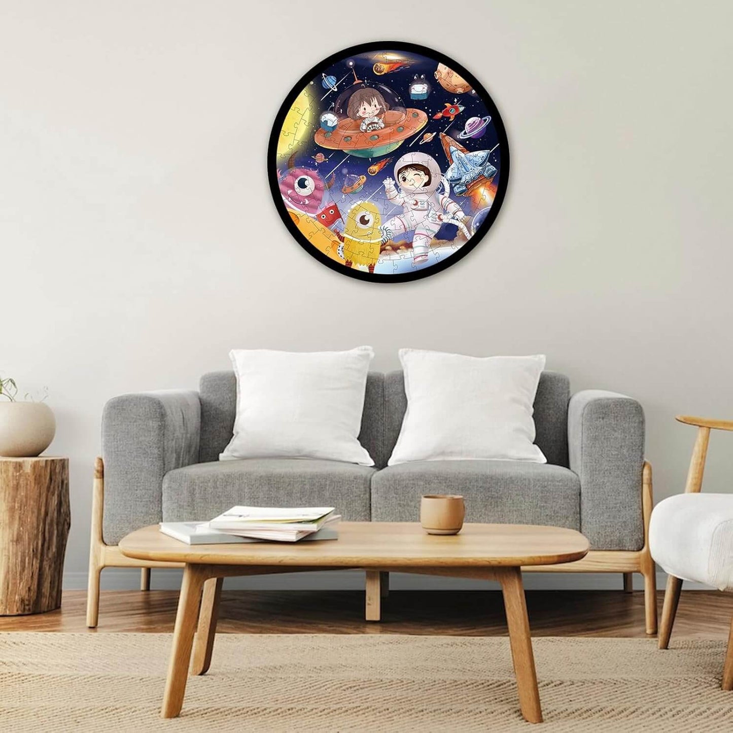 Round Solar System puzzle displayed in a living room, featuring colorful planets and a child in an astronaut suit.