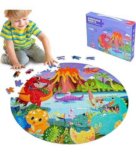 Kind spielt mit rundem Dinosaurier-Puzzle und Vulkan, 128 Teile, lehrreiches Spielzeug für Kinder 4-8 Jahre.