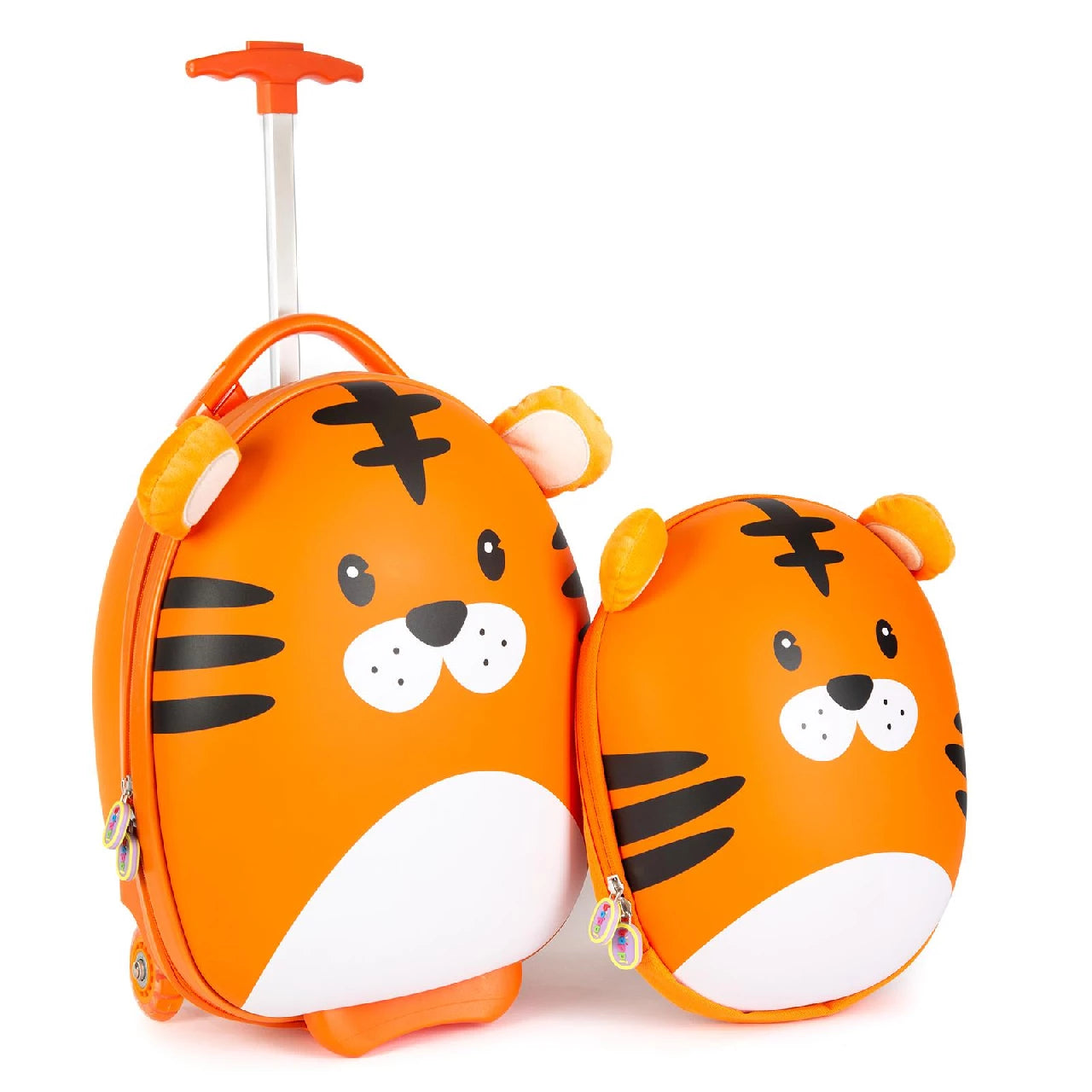 Oranžinis tigro lagaminas ir kuprinė.