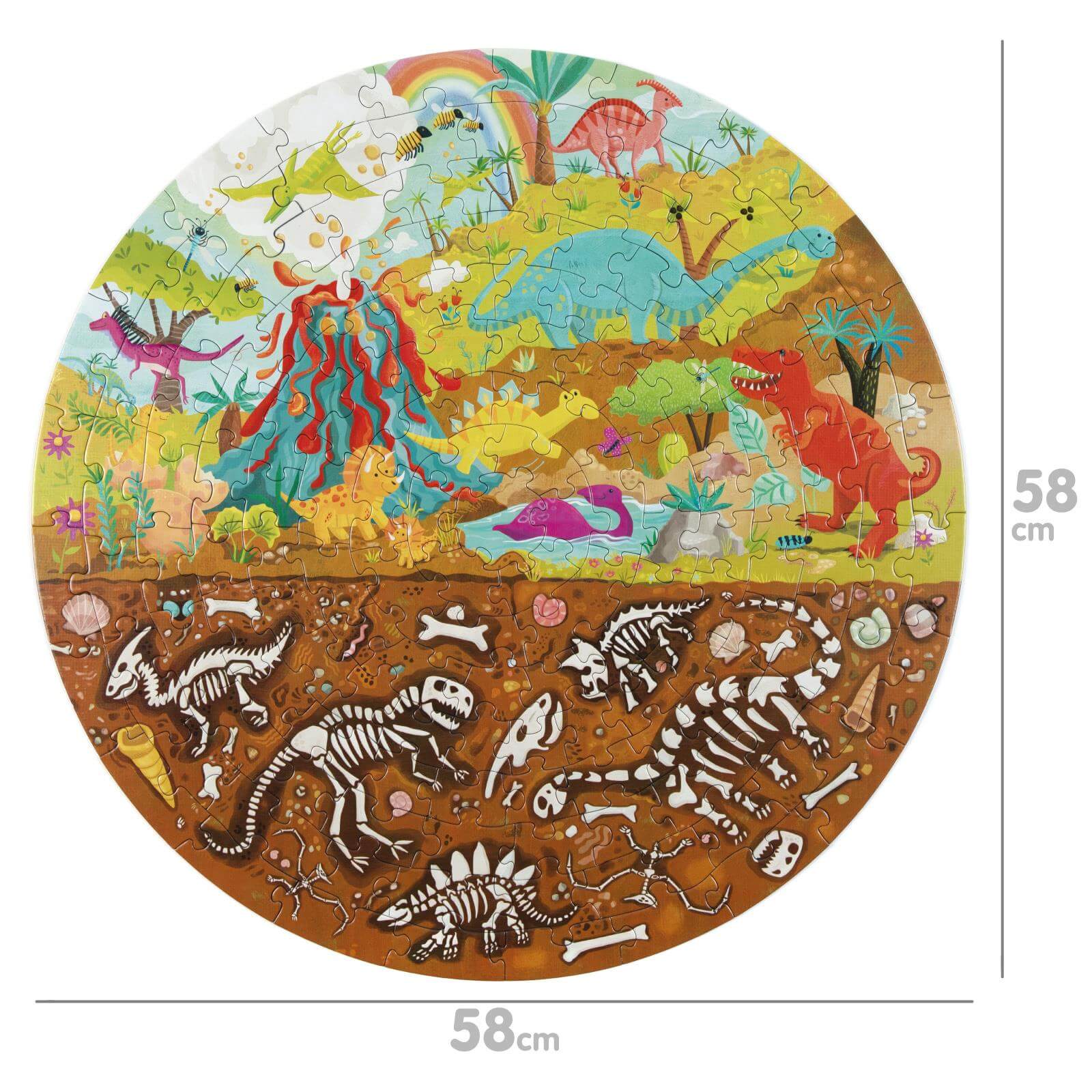 Colorful round 150-piece dinosaur puzzle for kids featuring vibrant prehistoric scenes and fossils.