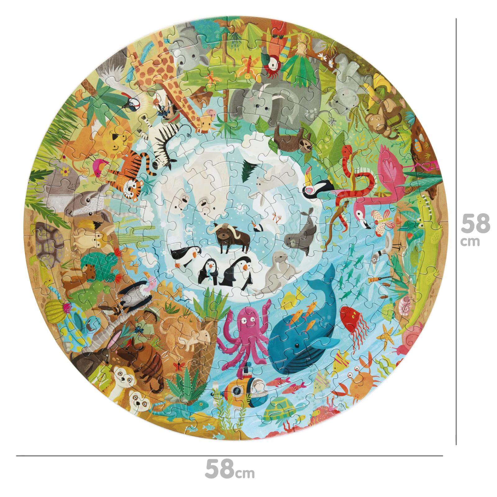 Animal World puzzle set for kids, featuring colorful wildlife illustrations from various continents, 58 cm round.