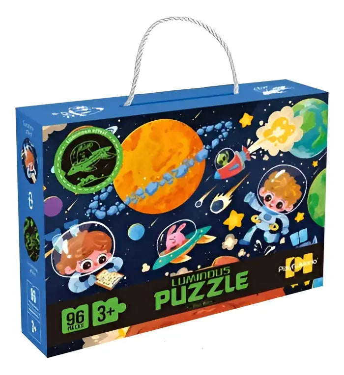 Glow-in-the-Dark Space Puzzle box for kids with 96 pieces, featuring colorful planets and astronauts.