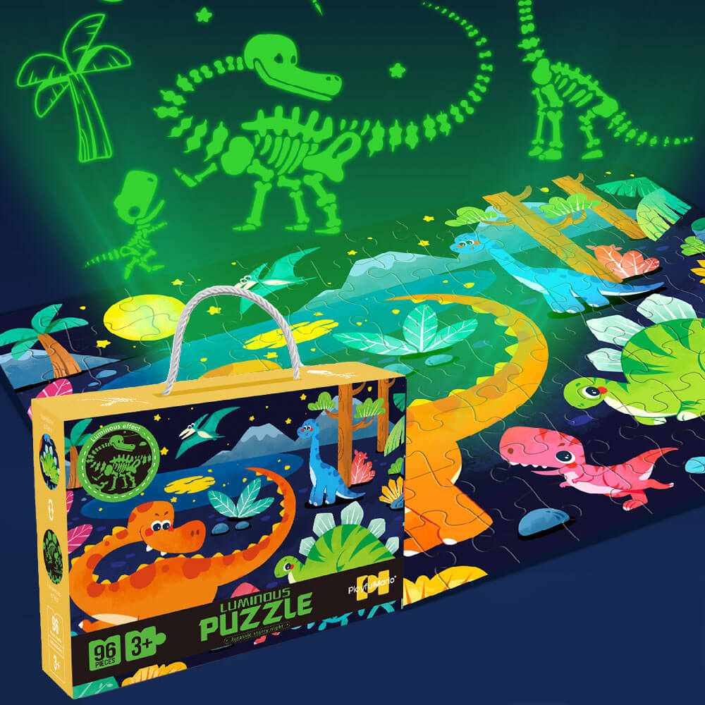 Glow-in-the-dark dinosaur puzzle for kids, 96 pieces, featuring colorful designs and glowing elements.
