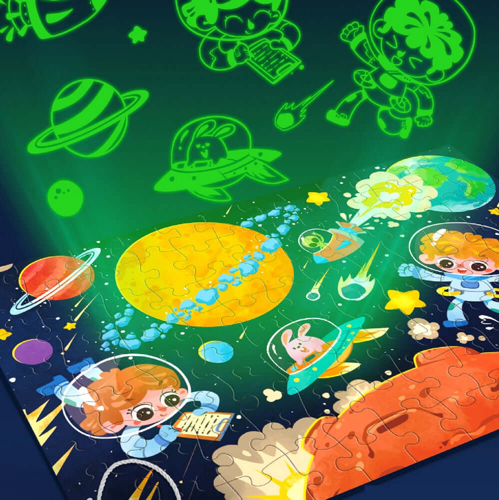 Colorful space-themed puzzle featuring kids and planets, designed for children's educational play and imagination.