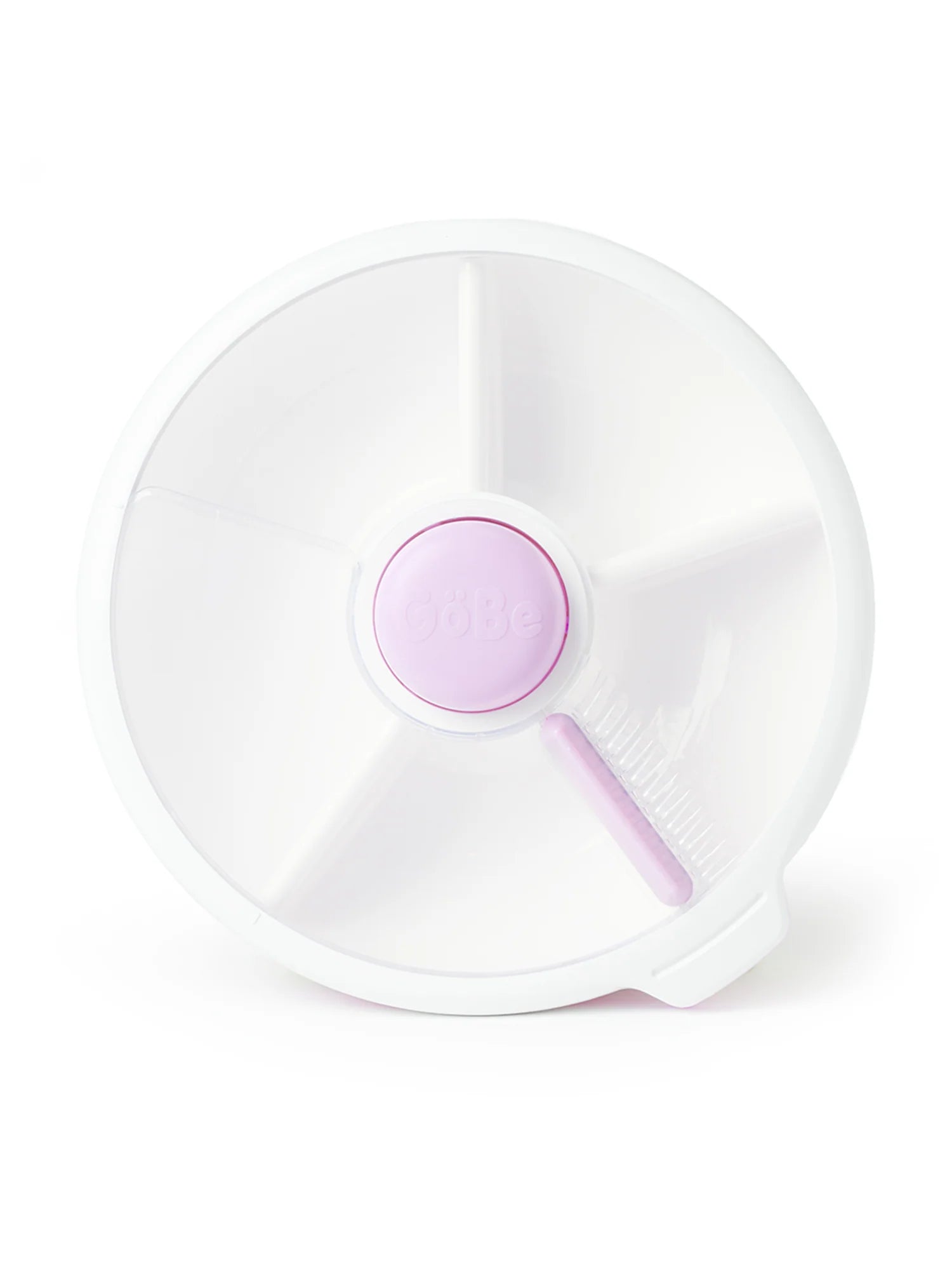 GoBe Snack Spinner in lilac color, showing a large, leak-proof snack box with a button for easy snack selection.