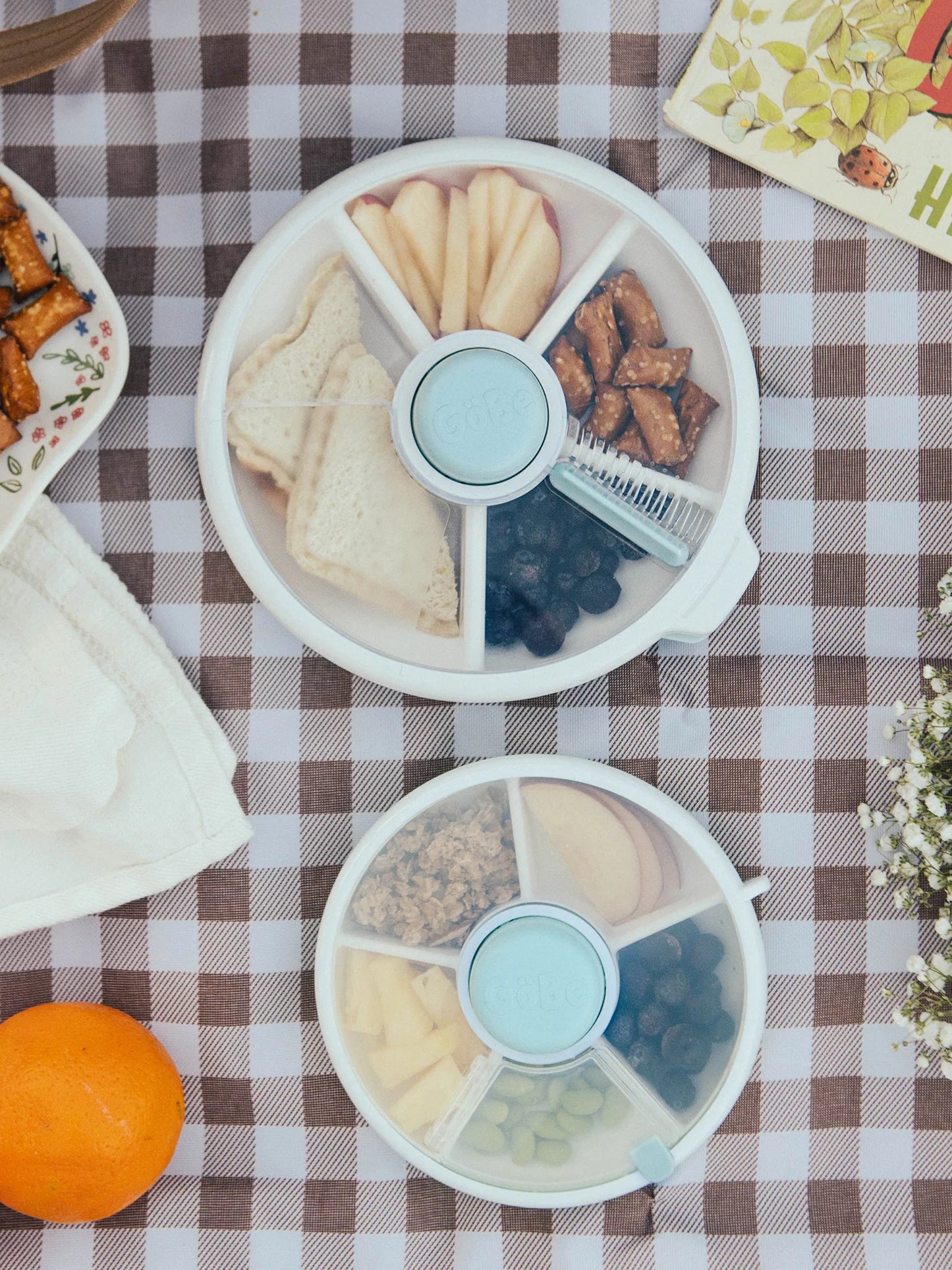 GoBe Snack Spinner snack box with assorted snacks, fruits, and treats on a picnic table.