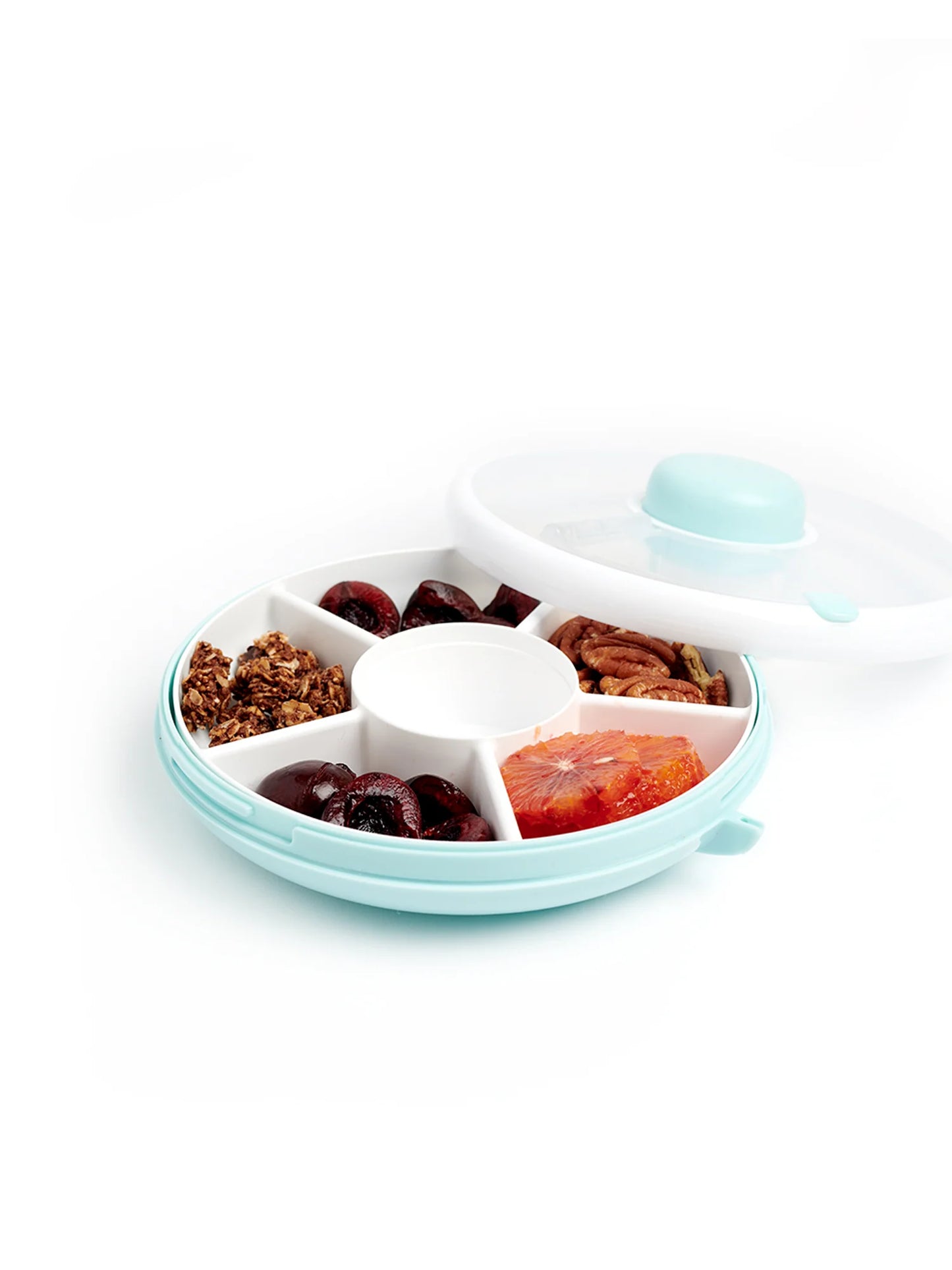 GoBe Snack Spinner snack box in blue, featuring compartments for snacks and a secure lid.
