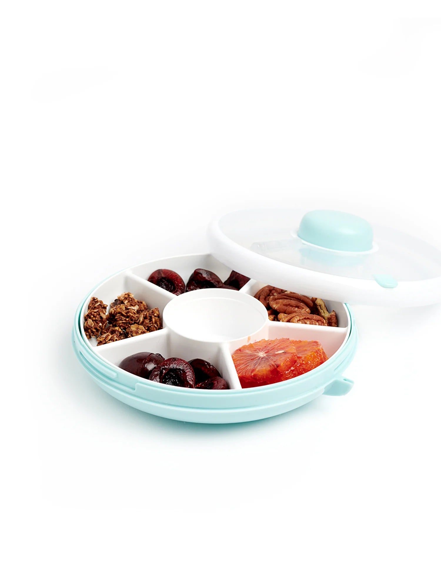 GoBe Snack Spinner snack box in blue, featuring compartments for snacks and a secure lid.