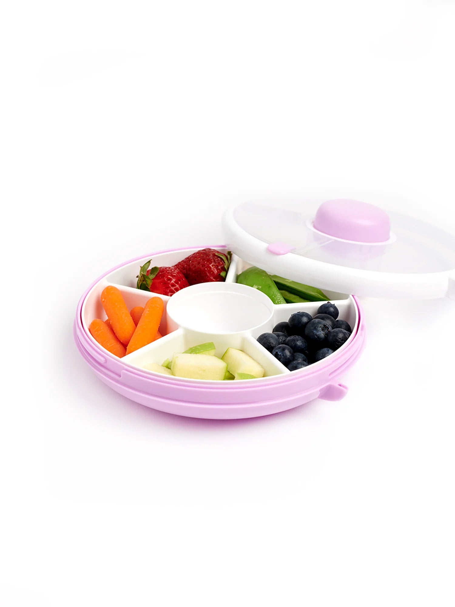 GoBe Snack Spinner for kids in lilac, featuring separate compartments for snacks like fruits and vegetables.