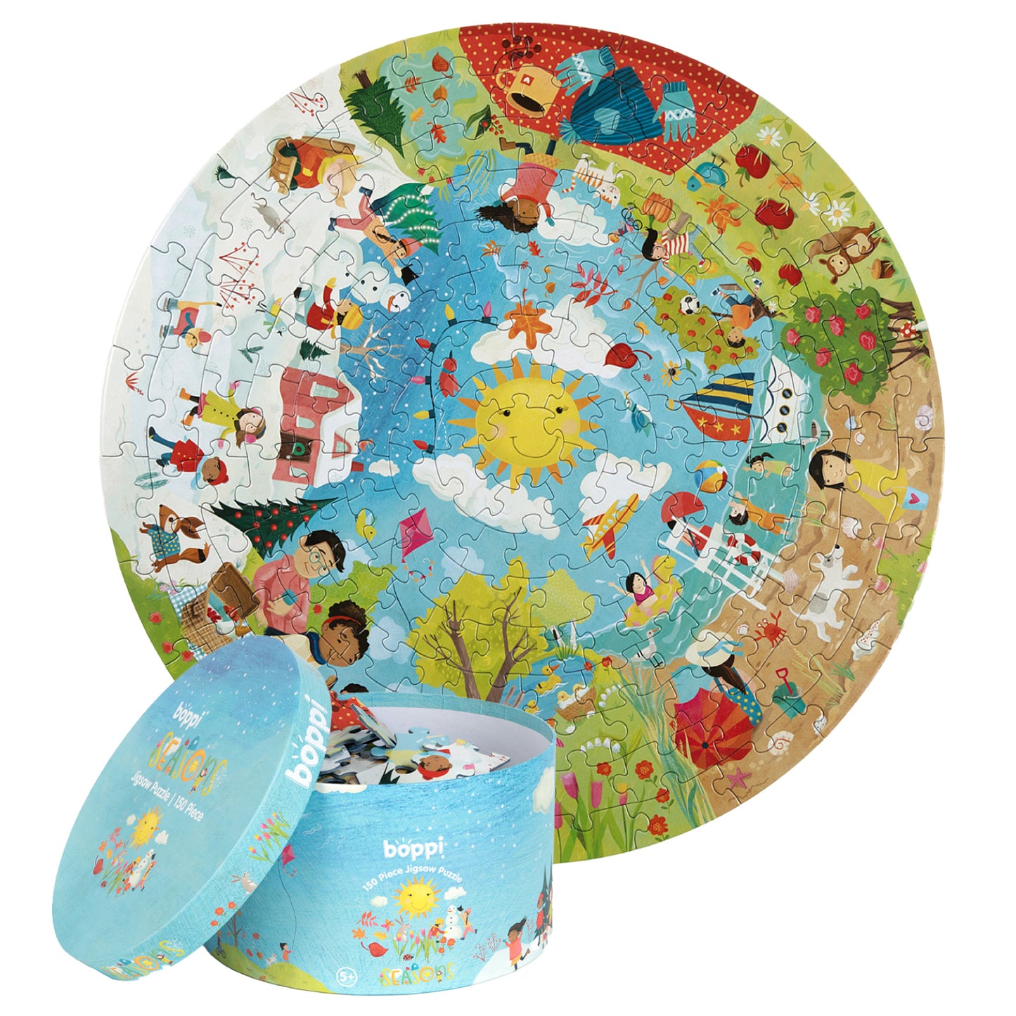 Apvali 150 dalių dėlionė „Metų laikai“, vaizduojanti pavasarį, vasarą, rudenį ir žiemą su vaikų veiklomis gamtoje.