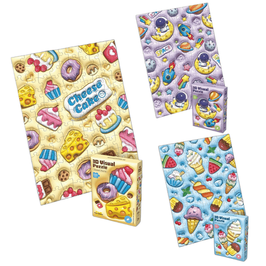 Colorful 3D puzzle set for kids featuring dessert themes, enhancing fine motor skills and creativity.