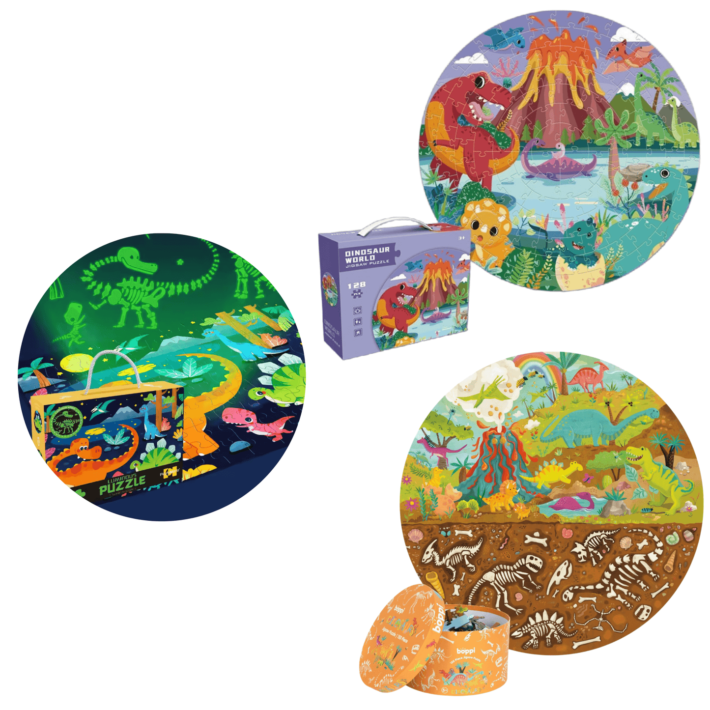 Colorful dinosaur puzzle set for kids featuring three vibrant designs and a carrying box, suitable for ages 4-8.