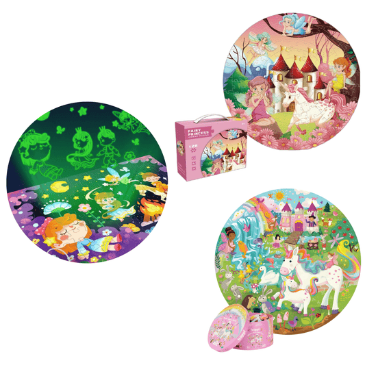 Colorful 3-piece fairy puzzles for kids, featuring enchanting illustrations of fairies and unicorns.