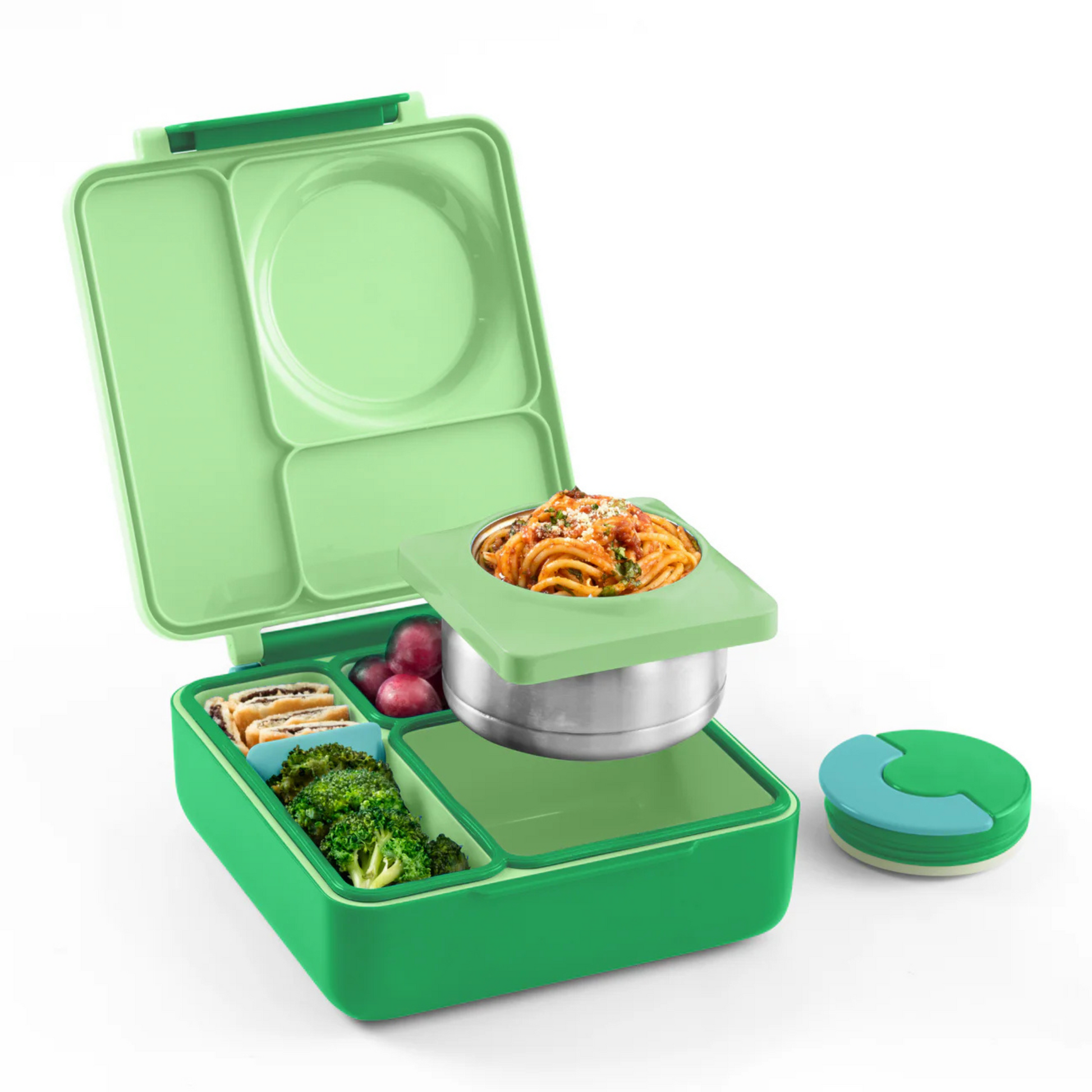 Light green OmieBox lunch box for kids featuring a thermos, compartments, and healthy food options.