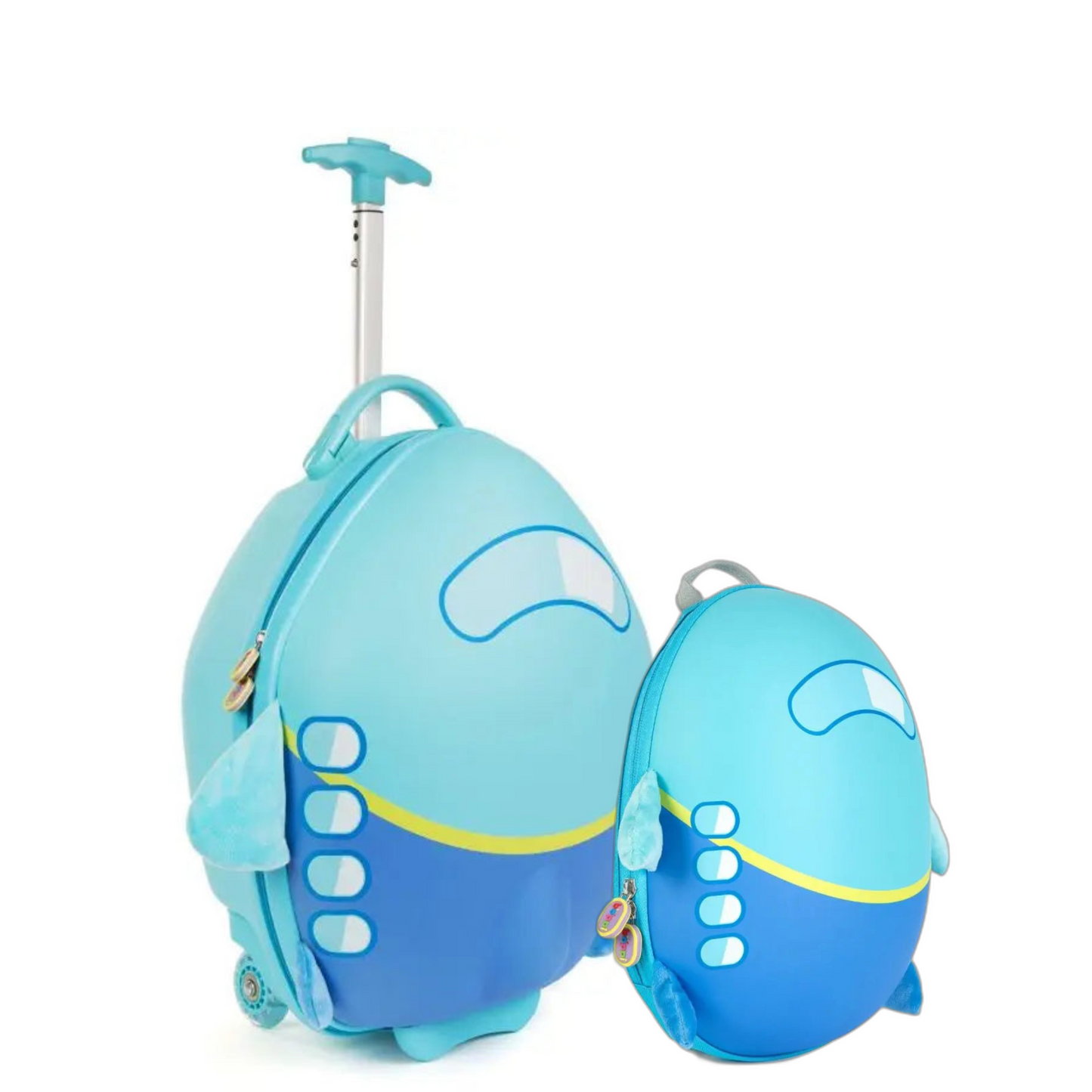 Blue Boppi Tiny Trekker kids travel set featuring suitcase and matching backpack.