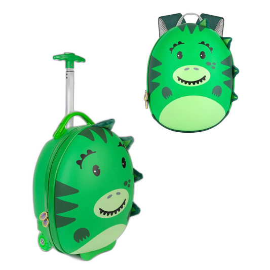 Green children’s travel set featuring a dinosaur-themed suitcase and matching backpack for kids.