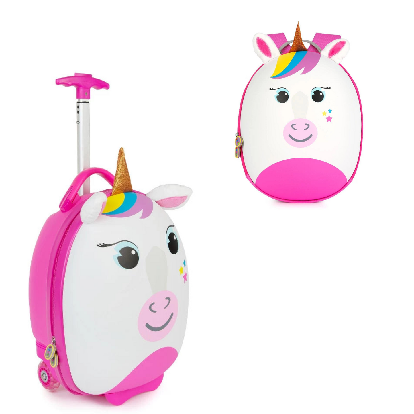 Kids unicorn suitcase and backpack with 3D details, colorful design, and retractable handle for little adventurers.