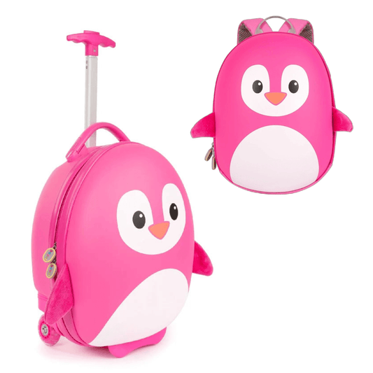 Kids adorable penguin suitcase with retractable handle and matching pink backpack for little adventurers.