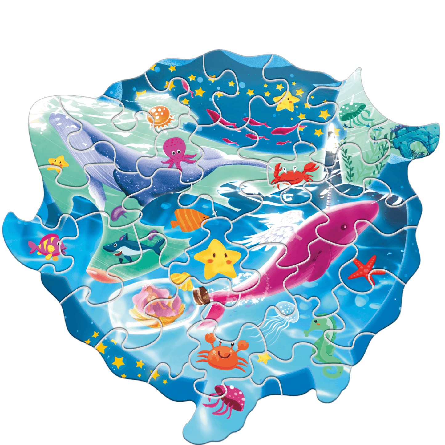 Colorful ocean-themed puzzle for kids featuring various sea creatures, designed to enhance problem-solving skills.