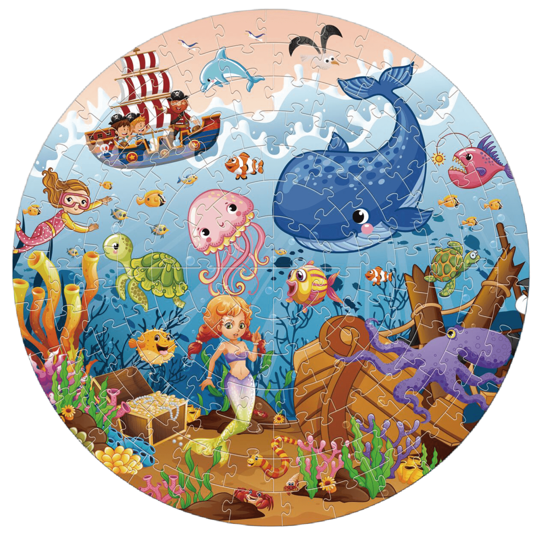 Round puzzle featuring an underwater scene with a mermaid, fish, and a ship, perfect for kids ages 4-8.