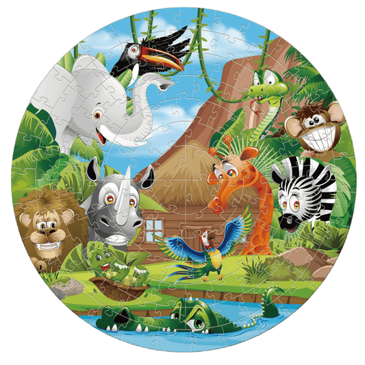 Colorful round puzzle featuring African animals like elephants, lions, zebras, and more, perfect for kids ages 4-8.