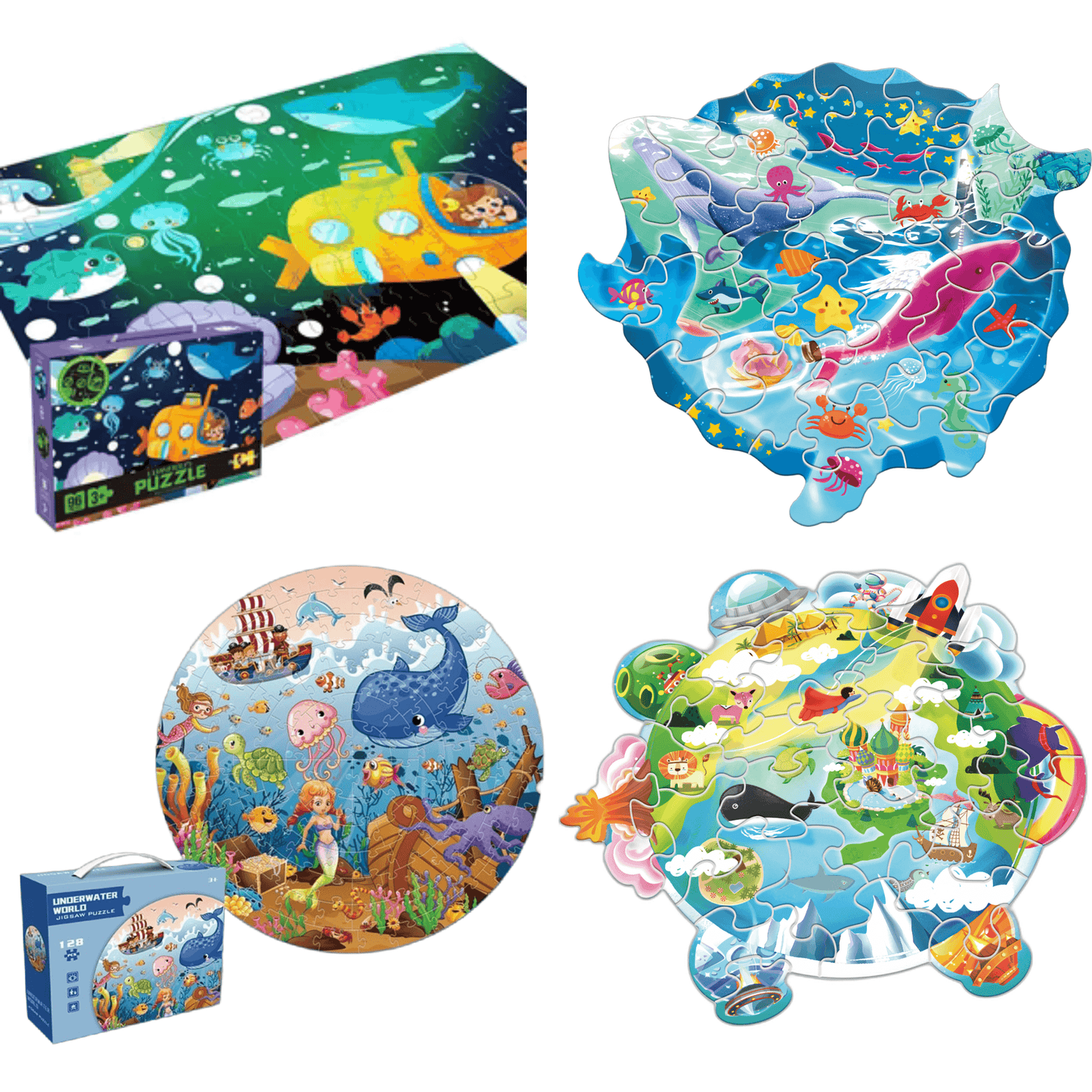 Colorful ocean-themed puzzle set for kids, featuring sea creatures and vibrant underwater scenes, suitable for ages 2-8.