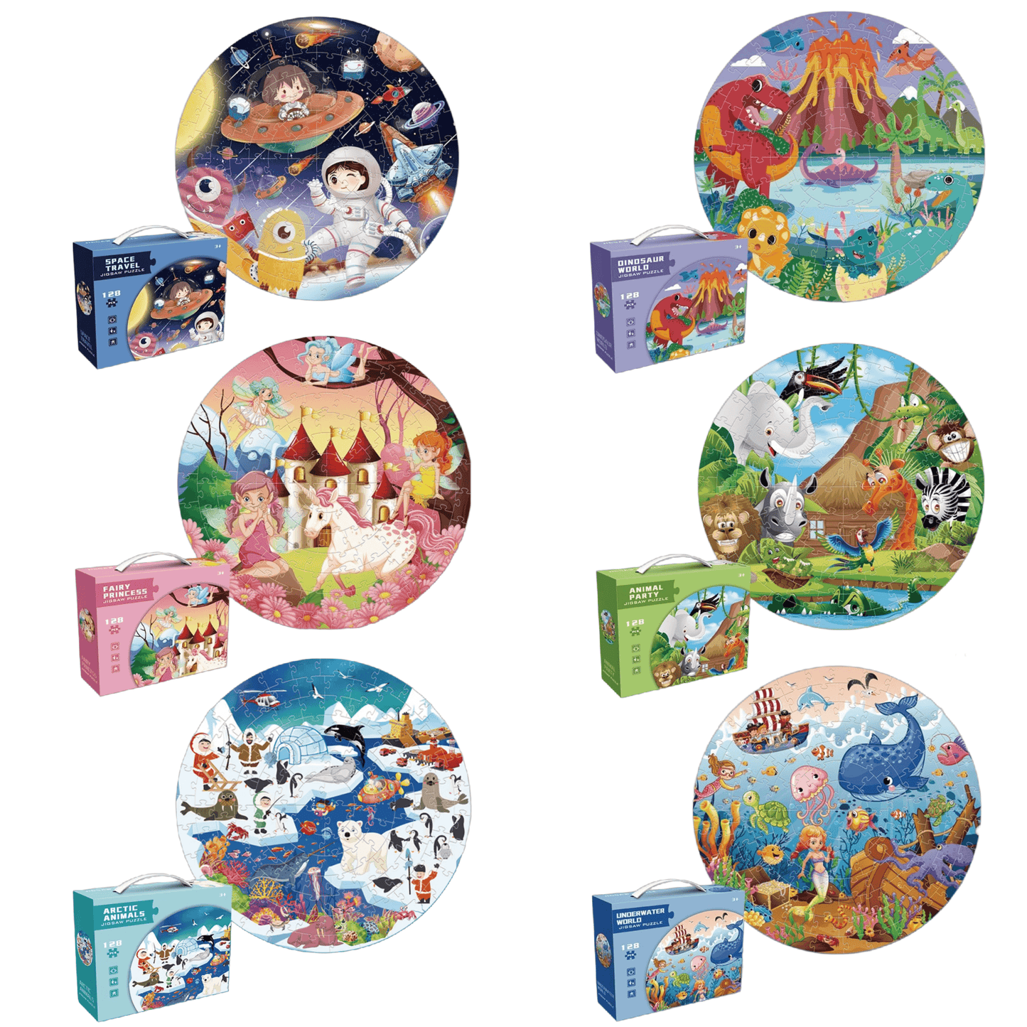 Round puzzle set for kids featuring colorful themes like space, underwater, and fantasy, ideal for ages 4-8.