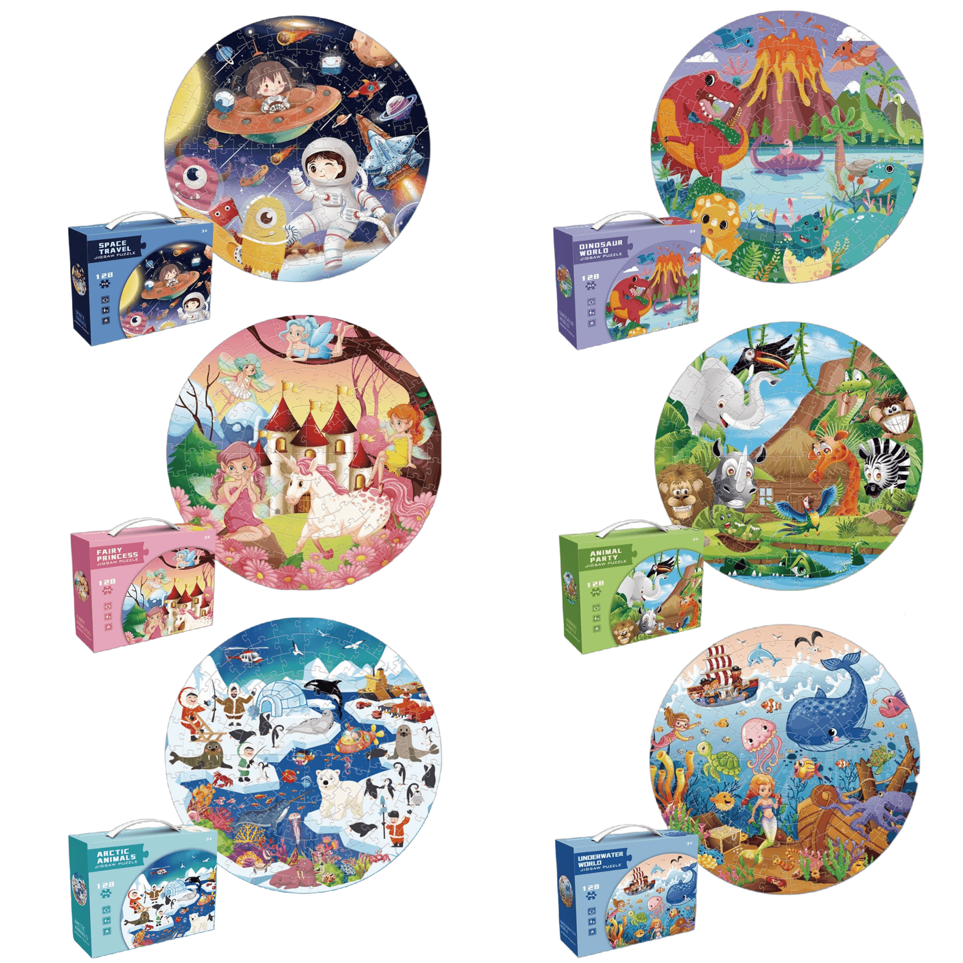 Round puzzle set for kids featuring colorful themes like space, underwater, and fantasy, ideal for ages 4-8.