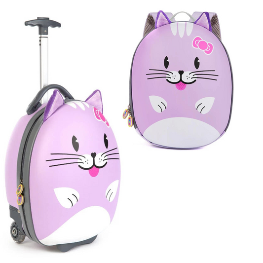 Kids suitcase and backpack set featuring a cute purple cat design with 3D details, perfect for little adventurers.