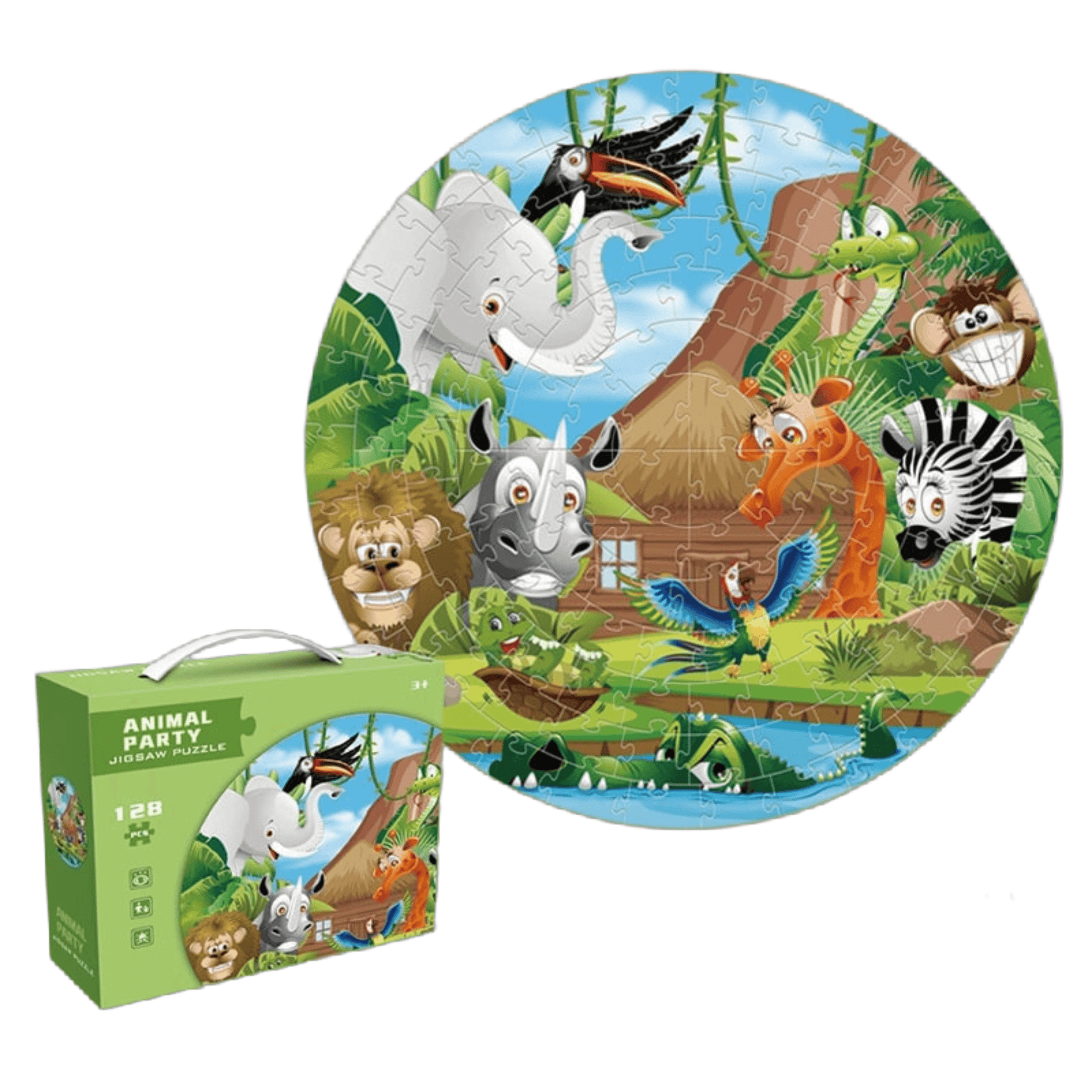 Round African animals puzzle with 128 pieces, featuring colorful wildlife characters and unique packaging.