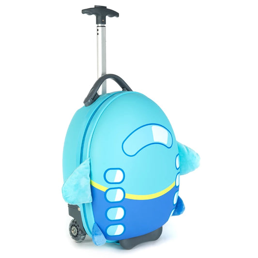 Blue children's suitcase shaped like a plane with soft plush wings and a retractable handle.