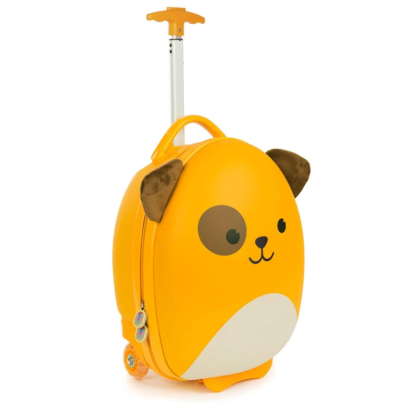 Yellow children's suitcase shaped like a dog with retractable handle and wheels, perfect for young adventurers.