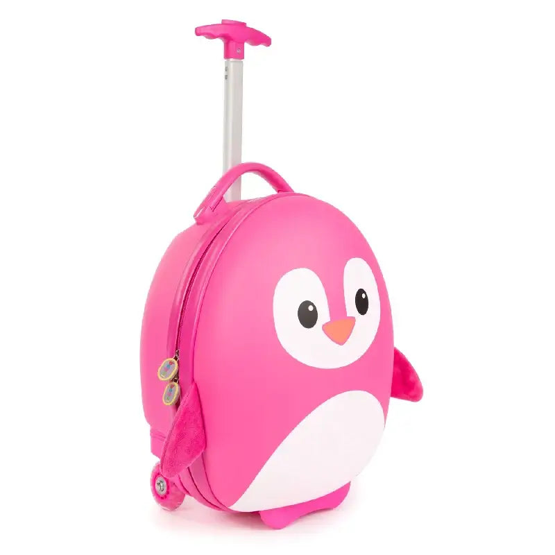 Kids penguin suitcase with retractable handle and wheels, perfect for travel and fun adventures.